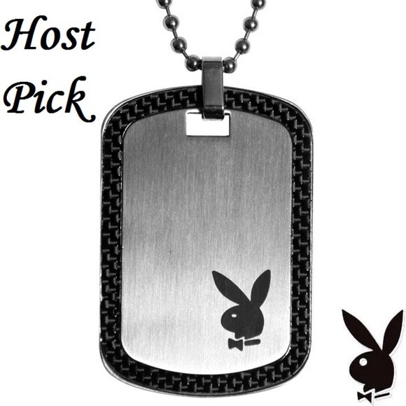 Men's Playboy Necklace Bunny Pendant Dog Tag Stainless Steel Black Carbon Fiber - Picture 8 of 8